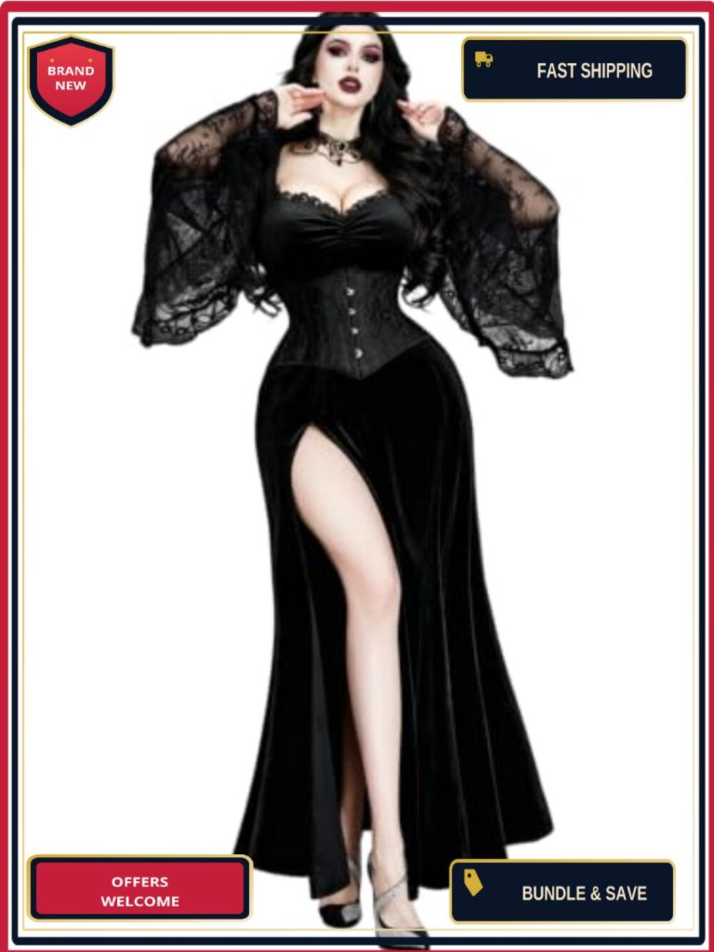 Gothic Velvet Bell Sleeve Maxi Dress High Slit Sweetheart Neck
